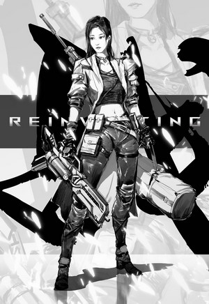 Monochrome artwork of a woman with guns