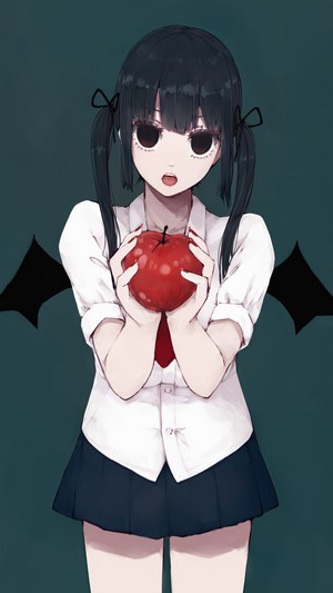 Anime girl with dark hair and wings holding an apple