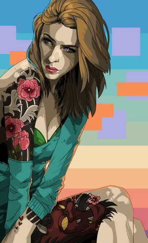 Woman with floral tattoo sleeve and green bra