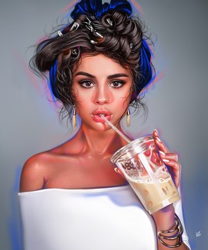Selena Gomez drinking from a cup, digital art