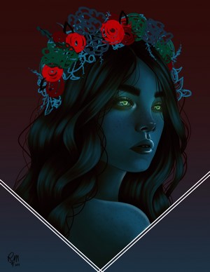 Digital painting of a woman with glowing green eyes and a flower crown