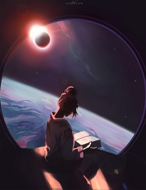 Girl reading a book in space with Earth and eclipse