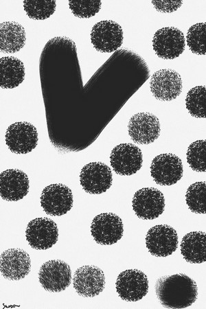 Abstract black and white dots with a V shape