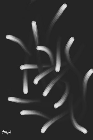 Abstract monochrome artwork with white brush strokes on black background