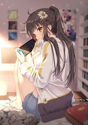 Anime girl with brown hair playing Nintendo Switch