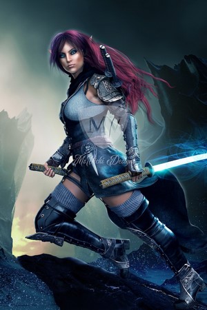 Fantasy elf woman with purple hair and swords