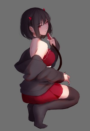 Anime demon girl with short dark hair and red eyes