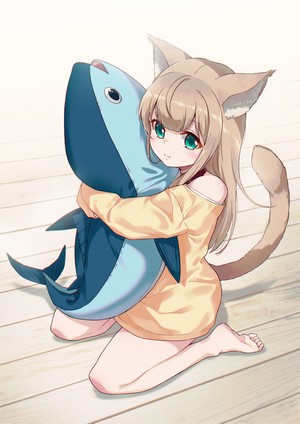 Anime cat girl hugging a stuffed fish