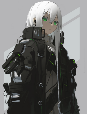 Anime girl with white hair and green eyes in tactical gear