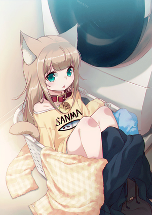 Cat girl in a laundry basket with a washing machine