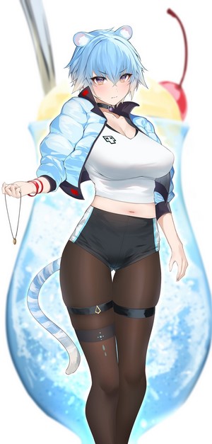 Anime girl with blue hair and tiger tail