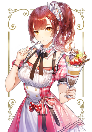 Anime waitress with brown hair and eyes holding a parfait