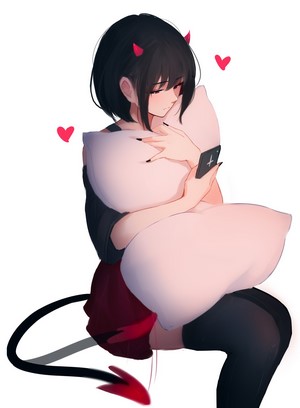 Anime demon girl hugging pillow and holding smartphone