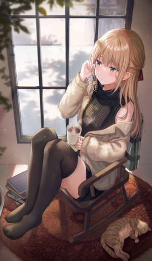 Anime girl with blonde hair drinking coffee by the window with a cat