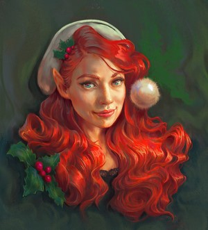 Redheaded Elf Woman in Santa Hat with Holly