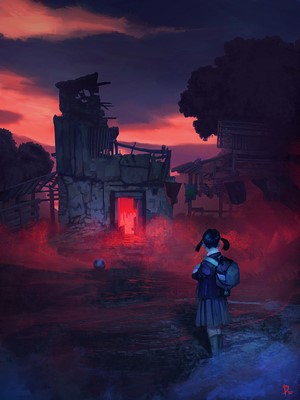 Girl in abandoned village with red mist