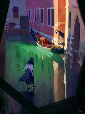 Two girls in Venice canal with a gondola