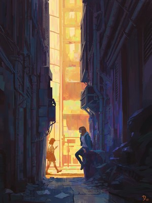 Digital painting of two women in an alleyway