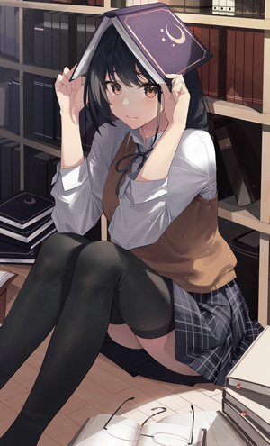 Anime girl with book on head in library
