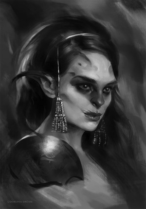 Monochrome fantasy artwork of a woman