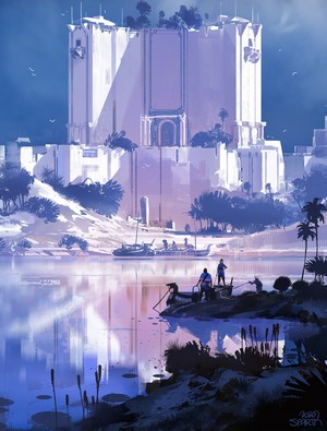 Digital art of a futuristic city by a lake