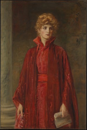 Woman in a red robe holding a scroll