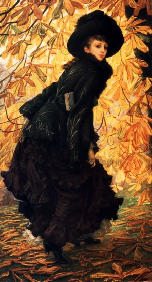 Woman in black dress amidst autumn leaves by James Tissot