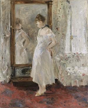 Young Woman in a White Dress Looking in a Mirror by Berthe Morisot