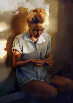 Woman with blonde hair in a white shirt sitting