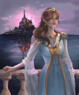 Woman in white dress with crown and castle background