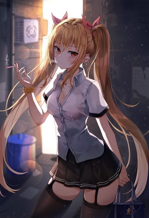 Anime Girl with Red Eyes and Twintails in School Uniform