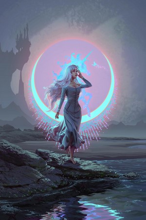 Fantasy girl with unicorn and moon
