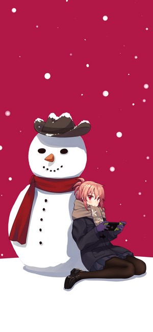 Anime girl with pink hair playing a game next to a snowman