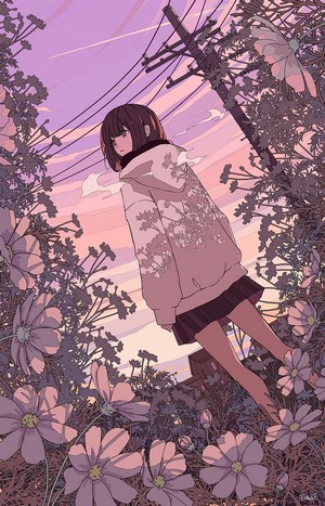 Anime girl in a hooded jacket standing in flowers