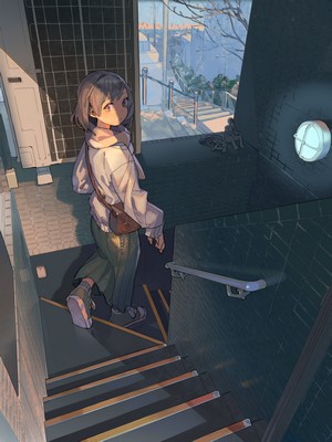Anime girl walking down stairs