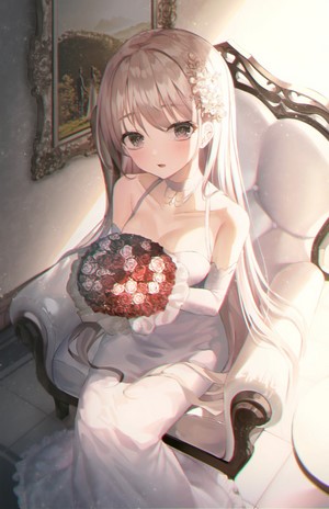 Hinaki in a wedding dress holding flowers