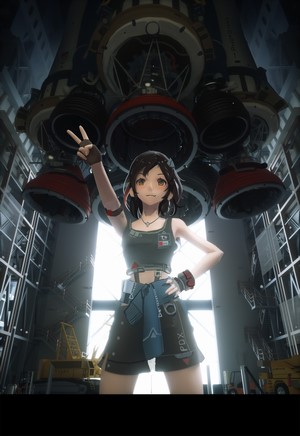 Anime girl with peace sign in front of rocket engines