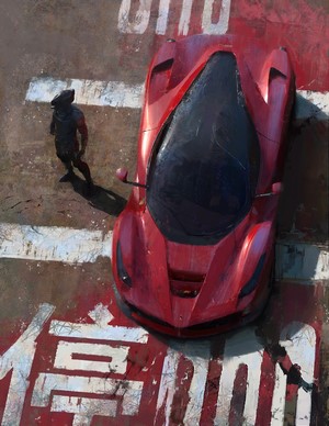Red Ferrari LaFerrari with a person on a road