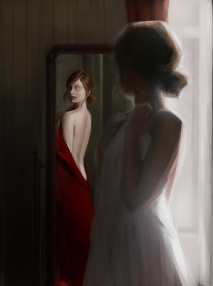 Woman in red cloth looking in mirror