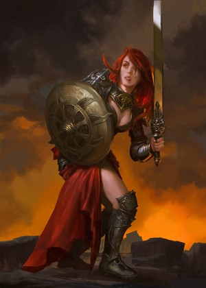 Redheaded warrior woman with sword and shield