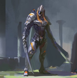 Sci-fi warrior with swords in ruins