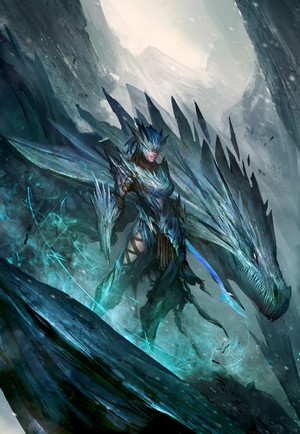 Woman in ice armor with a dragon in a snowy landscape