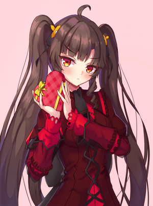 Lily Blommerchen from Soul Worker holding a heart-shaped chocolate box