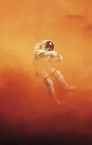Astronaut floating in orange dust, The Martian book cover