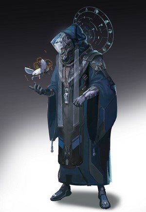 Sci-fi character in blue robe with drone
