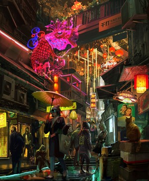 Futuristic cyberpunk city street with dragon decoration