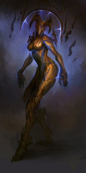 Fantasy art of a golden humanoid creature with horns