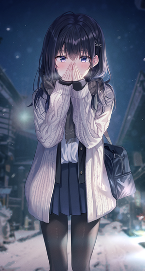 Anime girl in winter clothes, blue eyes, dark hair