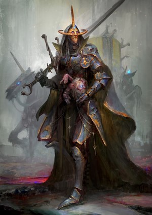 Armored warrior holding a severed head with swords