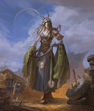 Woman in a post-apocalyptic wasteland